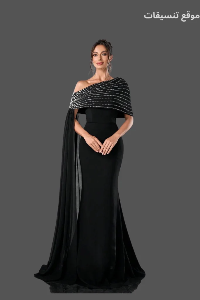 فستان سهرة أسود وان شولدر مع كاب قصير مطرز بالخرز الفضي والستراس اللامع.