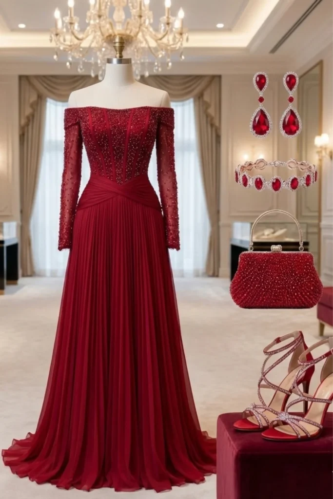 صورة تنسيق فستان سهرة طويل باللون الأحمر البرغندي بأكمام طويلة مطرزة وصدر مطرز وتنورة بليسيه، طقم مجوهرات مرصع بالياقوت الأحمر، حقيبة يد حمراء مرصعة بالكامل، وحذاء أحمر بكعب.