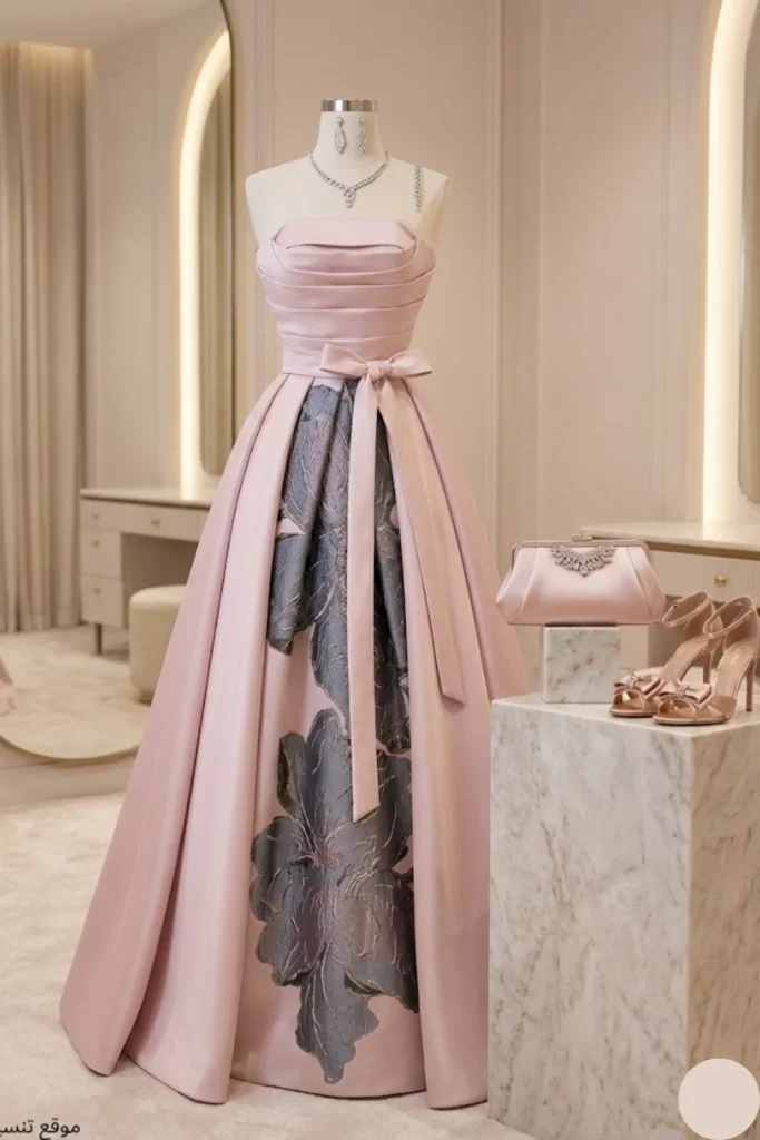 صورة تنسيق فستان سهرة طويل باللون الوردي الفاتح بتصميم كلاسيكي وفيونكة على الخصر، وتنورة مزينة بطبعة زهور كبيرة باللون الرمادي، طقم مجوهرات فضي، حقيبة يد وردية، وحذاء وردي بكعب.