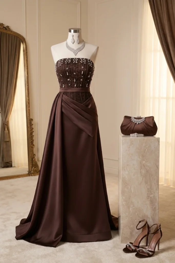 صورة تنسيق فستان سهرة طويل باللون البني الشوكولاتة بصدر مطرز وتنورة ساتان بتصميم درابية، طقم مجوهرات فضي، حقيبة يد بنية ساتان، وحذاء بني بكعب عالٍ.