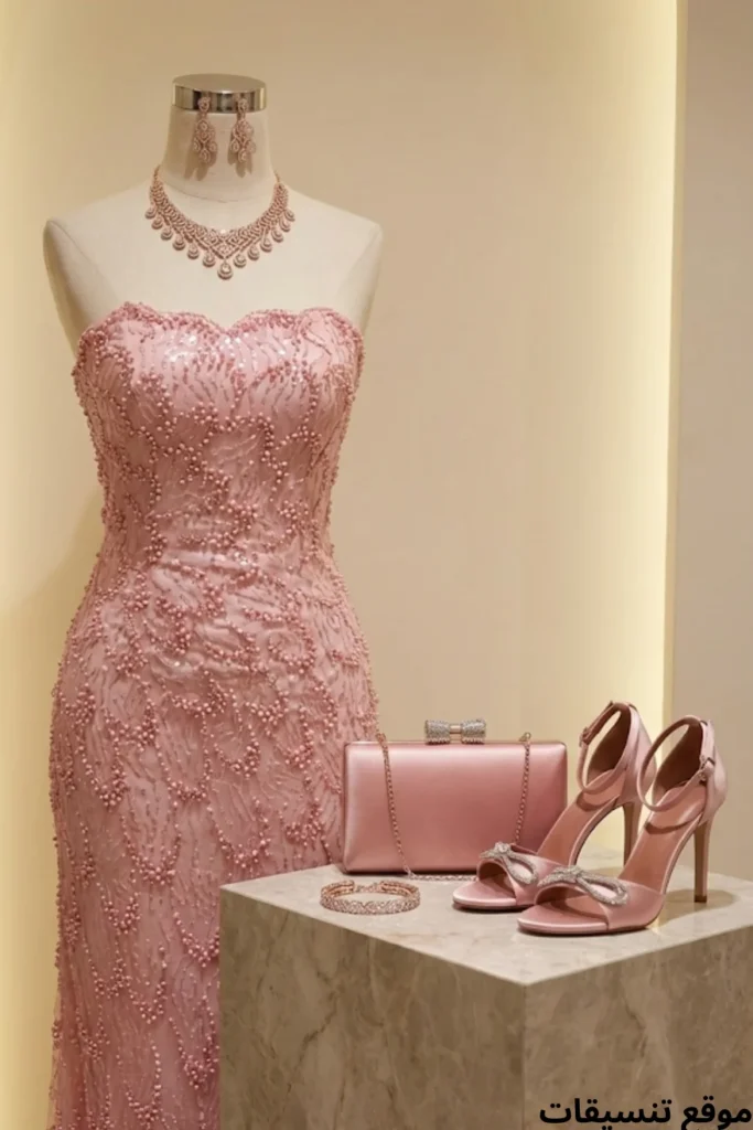 صورة تنسيق فستان سهرة طويل باللون الوردي الفاتح مطرز بالكامل بالخرز، مع طقم مجوهرات ذهبي وردي، حقيبة يد وردية ساتان، وحذاء وردي بكعب عالٍ بفيونكة كريستالية.