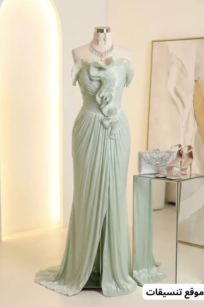 صورة تنسيق فستان سهرة طويل باللون الأخضر الفاتح بتصميم كشكش عمودي على الصدر والجانب مع فتحة، طقم مجوهرات فضي، حقيبة يد فضية مرصعة بالكامل، وحذاء فضي بكعب.