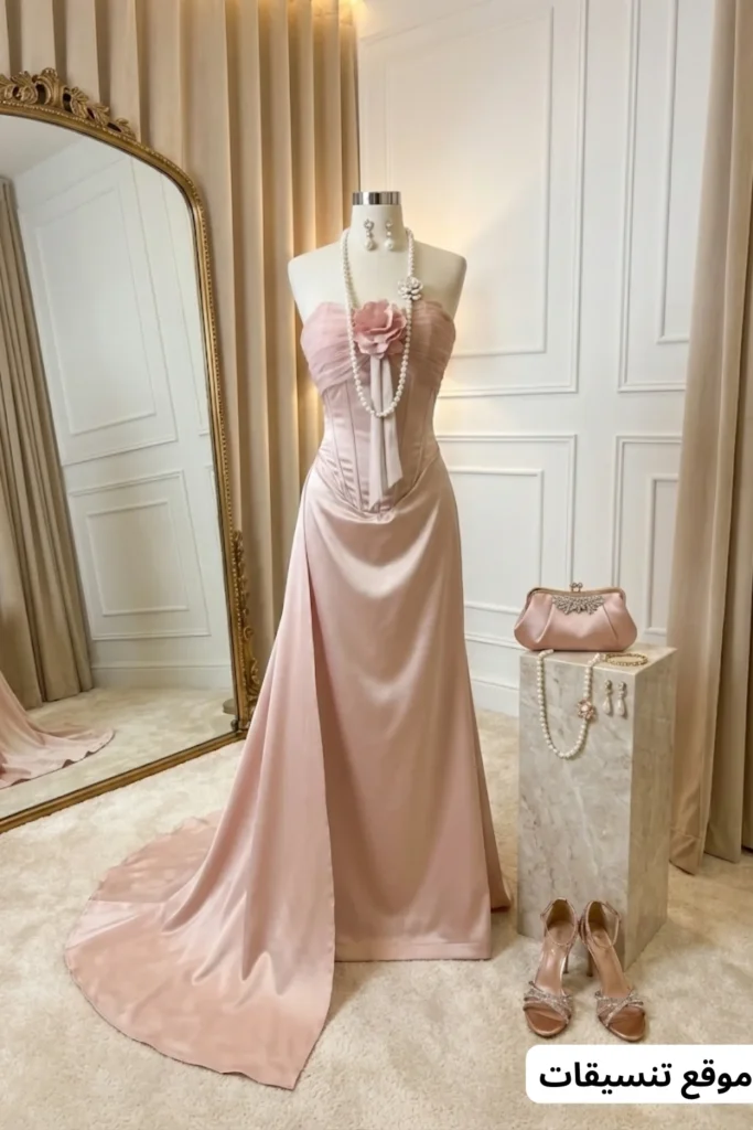 صورة تنسيق فستان سهرة طويل من الساتان الوردي الفاتح بوردة كبيرة على الصدر، عقد لؤلؤ طويل، أقراط لؤلؤ، حقيبة يد وردية مرصعة، وحذاء ذهبي وردي بكعب عالٍ.