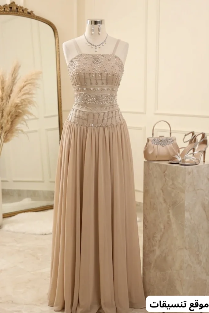 صورة تنسيق فستان سهرة طويل باللون البيج (نيود) بتطريزات كريستال ولؤلؤ مكثفة على الصدر والخصر، طقم مجوهرات فضي ناعم، حقيبة يد بيج ساتان، وحذاء فضي بكعب.