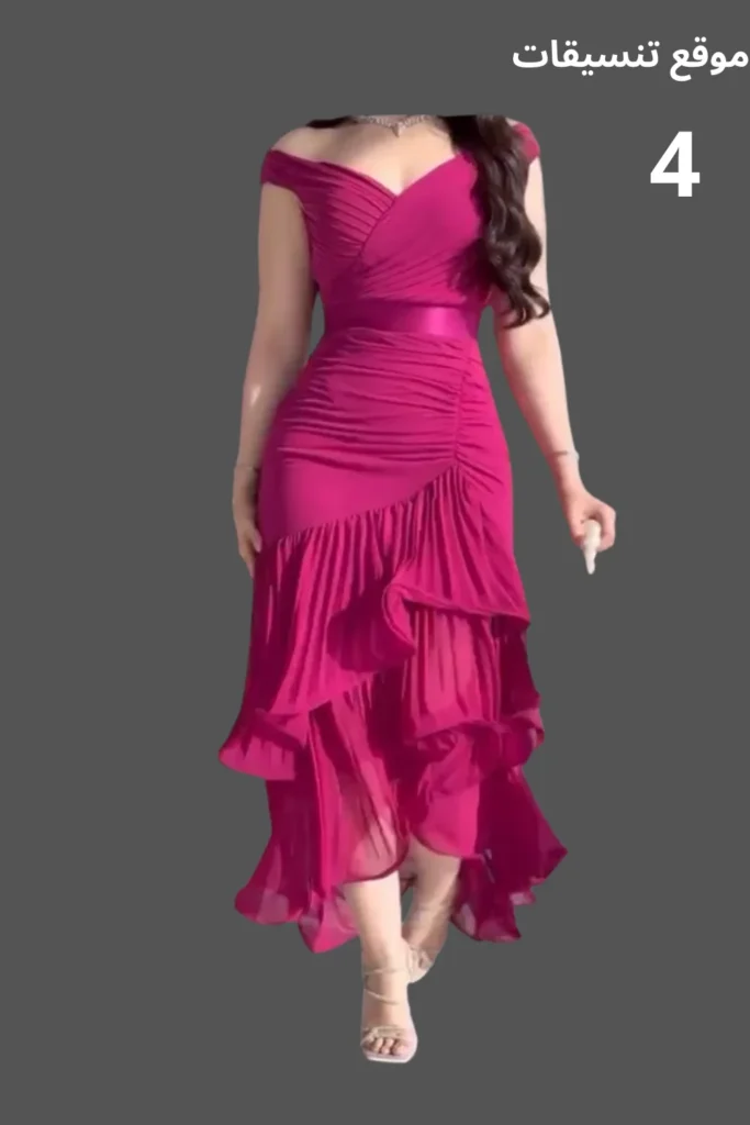فستان سهرة ميدي (متوسط الطول) لون فوشي بتصميم كشاكش وطبقات متعددة (Ruffles) مع قصة صدر منسدلة الأكتاف.