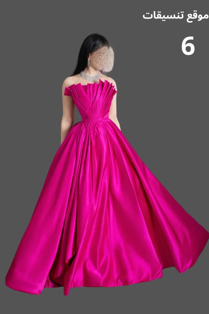 فستان خطوبة فوشي منفوش جداً (Ball Gown) من الساتان الفاخر بتصميم صدر هندسي بكسرات بارزة ومميزة.