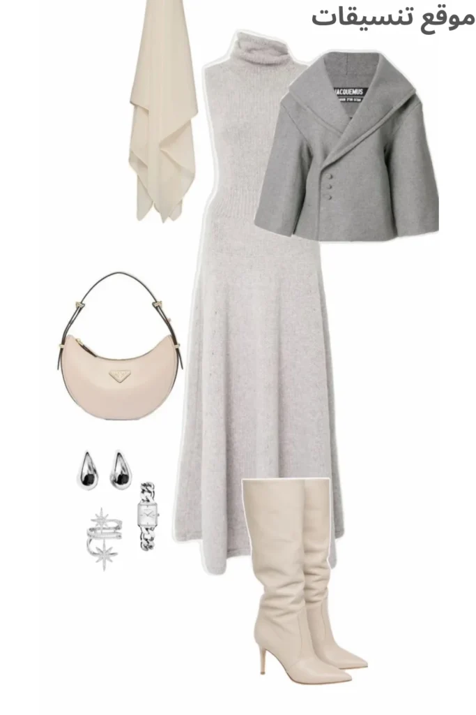 تنسيقات شتويه للنساء بستايل كلاسيكي، تشمل تنورة كاروهات طويلة باللون البني، توب بيج بياقة عالية، ومعطف بيج قصير بحزام خصر، مع بوت بني بكعب عالي.