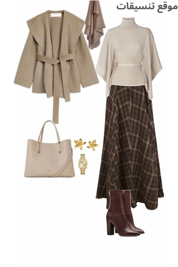 تنسيقات شتويه للنساء بستايل كلاسيكي، تشمل تنورة كاروهات طويلة باللون البني، توب بيج بياقة عالية، ومعطف بيج قصير بحزام خصر، مع بوت بني بكعب عالي.