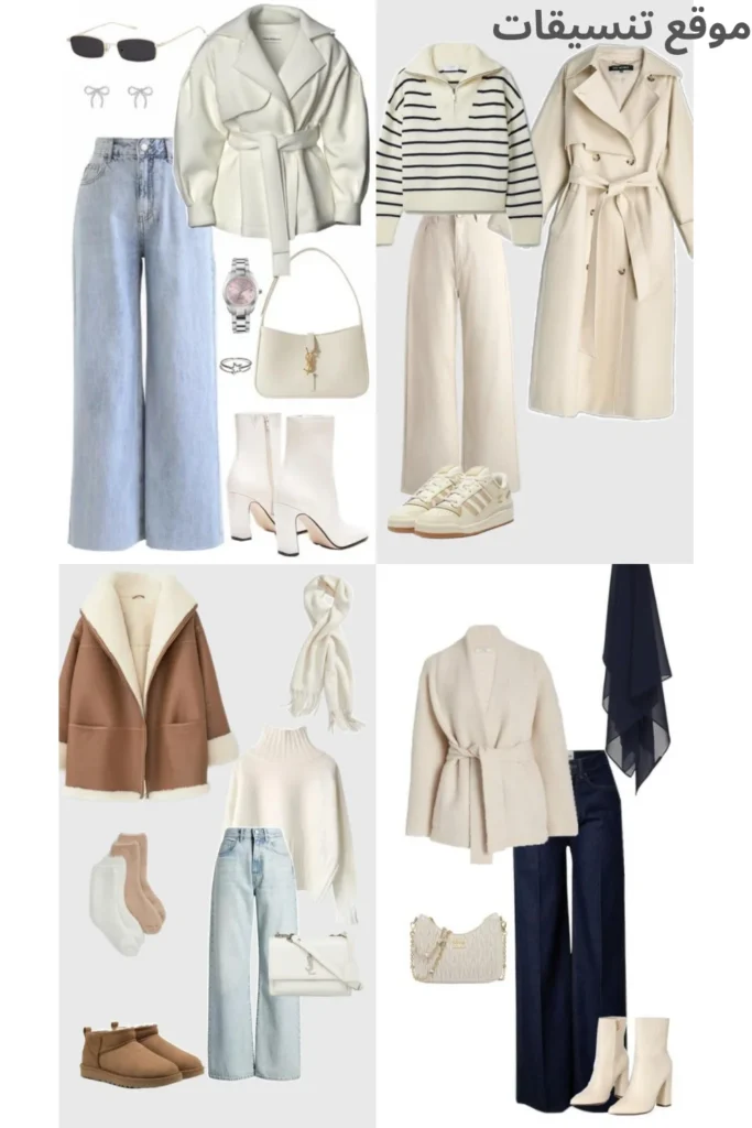 كولاج يضم 4 تنسيقات شتويه للنساء تعتمد على الجينز الواسع بألوان فاتحة وغامقة، مع سترات ومعاطف باللون الأبيض والبيج والهافان، وأحذية مسطحة ومريحة (سنيكرز وأج).