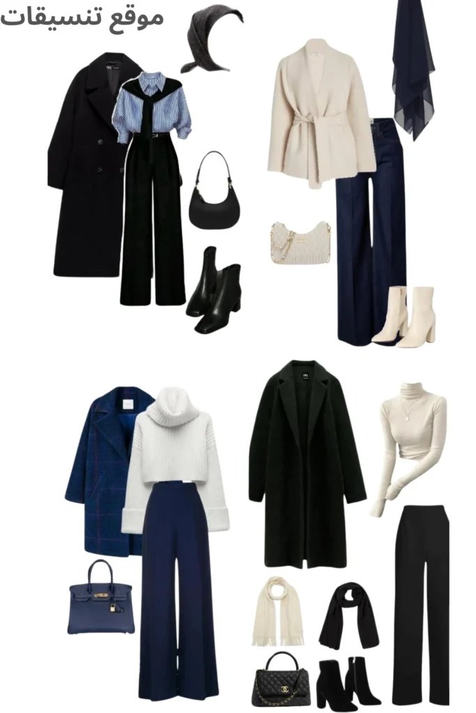مجموعة صور تنسيقات شتويه للنساء بستايل رسمي، تضم معاطف طويلة سوداء وكحلية، قمصان مقلمة، وبنطلونات قماش واسعة، مع حقائب يد جلدية أنيقة.
