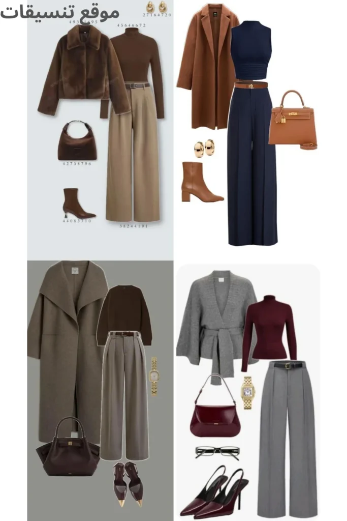 أربعة نماذج لـ تنسيقات شتويه للنساء، تجمع بين جاكيتات الفرو القصير والمعاطف الصوفية، مع بنطلونات واسعة بألوان البيج والرمادي، وتنسيق مميز للون العنابي والكحلي.