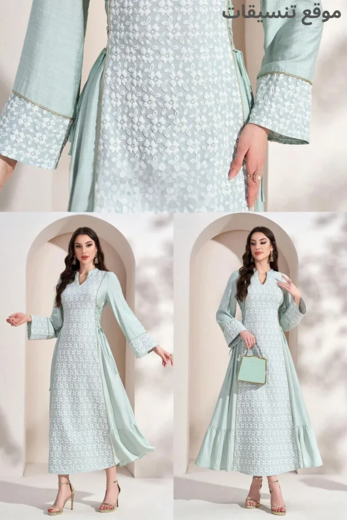 جلابية باللون التيفاني (النعناعي)، واجهة أمامية مطرزة بالكامل بزهور بيضاء صغيرة، أكمام واسعة، وقصة A-line واسعة من الأسفل.