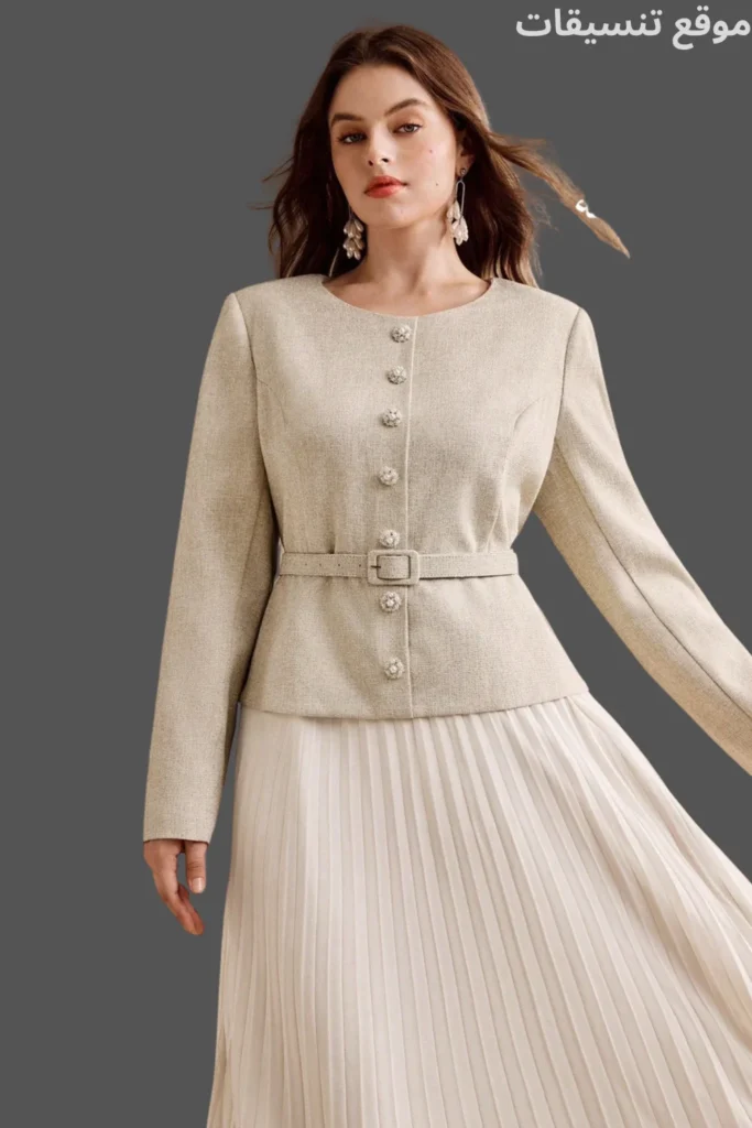 تنسيق فستان بيج أنيق قطعتين، تصميم علوي يشبه الجاكيت بأزرار وحزام خصر مع تنورة بليسيه واسعة، مناسب للمحجبات والمقاسات الكبيرة.